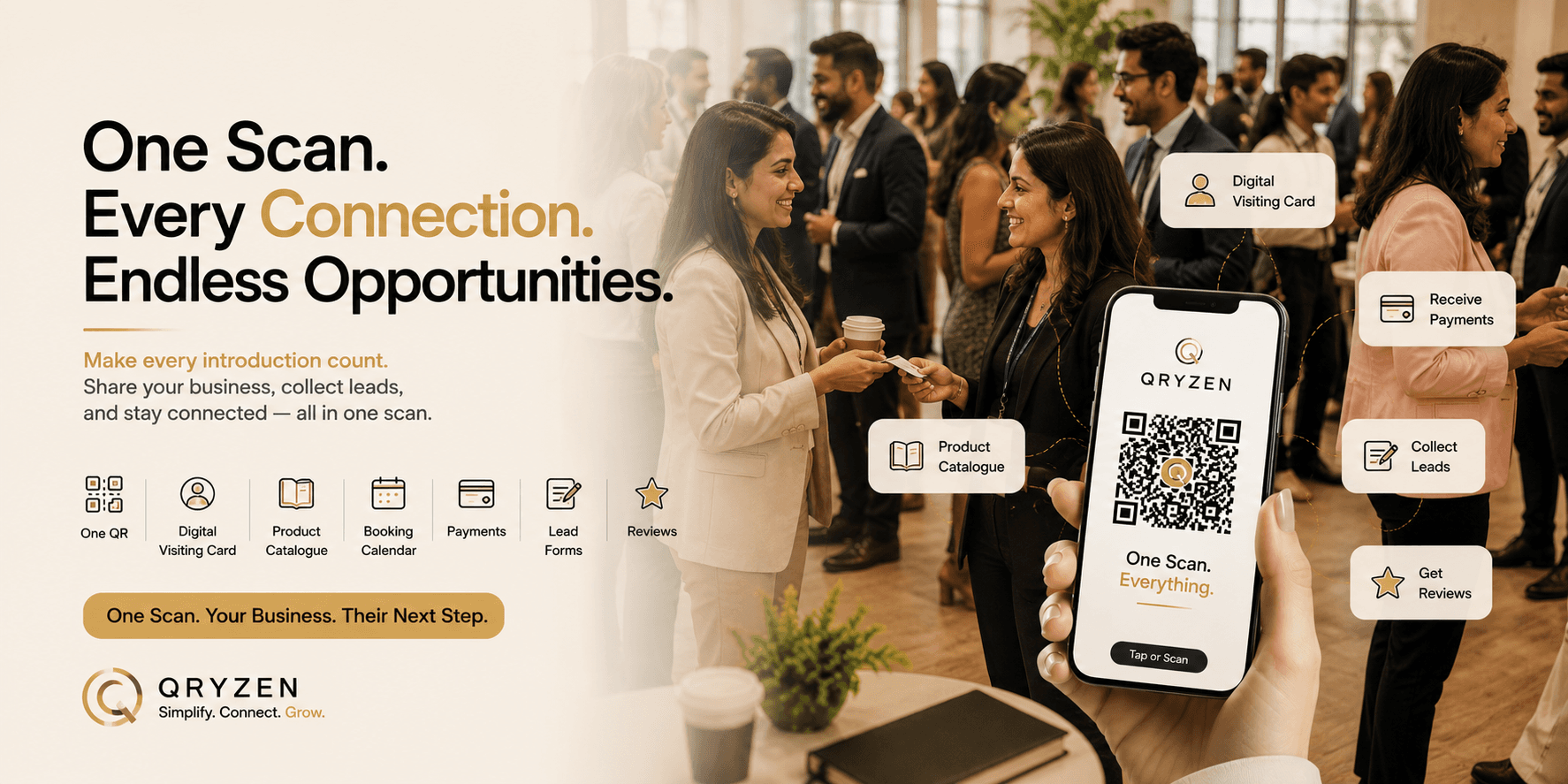 One scan. Every connection. Endless opportunities — share your card, collect leads and stay connected at any meeting.
