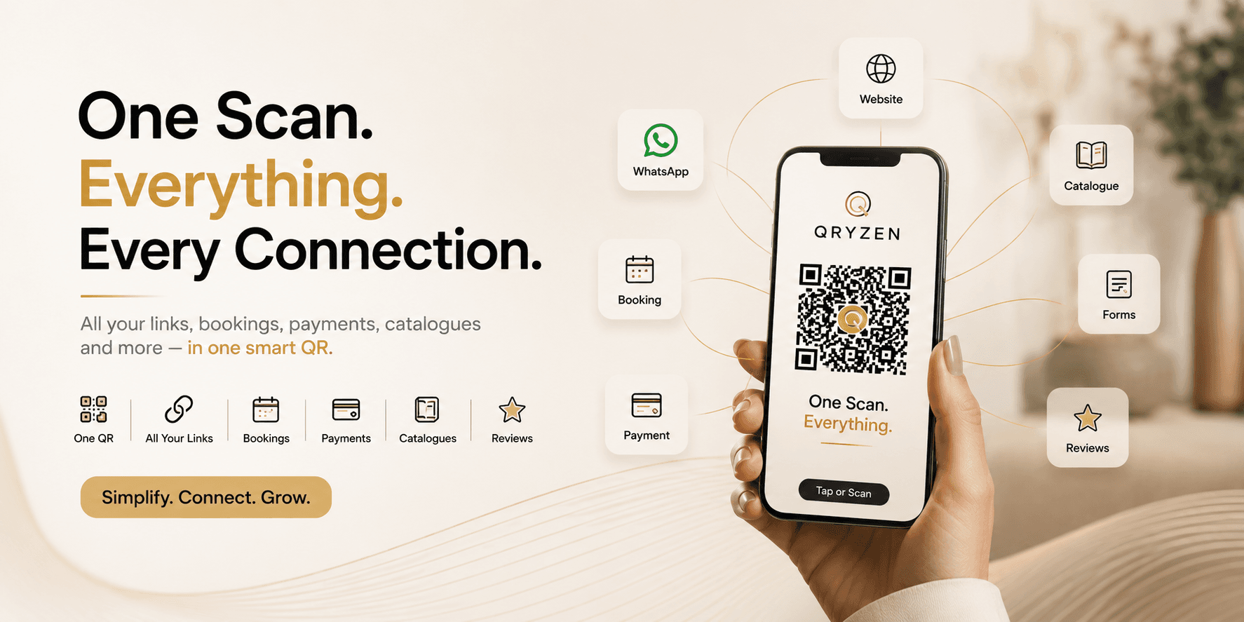 One scan. Everything. Every connection — WhatsApp, website, catalogue, booking, payment, forms and reviews, all behind one QRYZEN QR code.