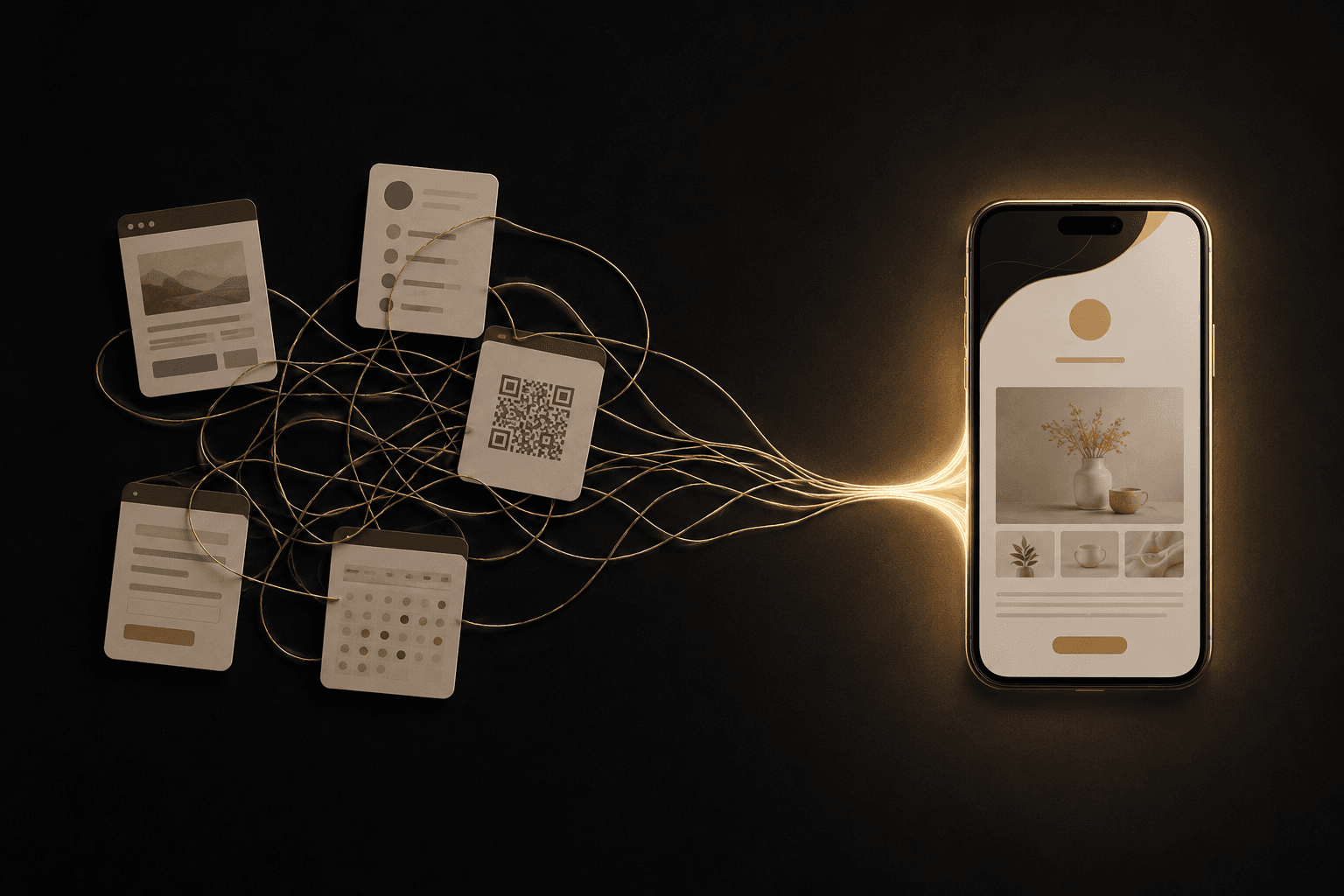 Scattered links, forms and QR flowing into one QRYZEN page